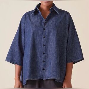 Eskandar Cotton Denim Sloped Shoulder Wide A-Line Short Sleeve Shirt Sz. 0